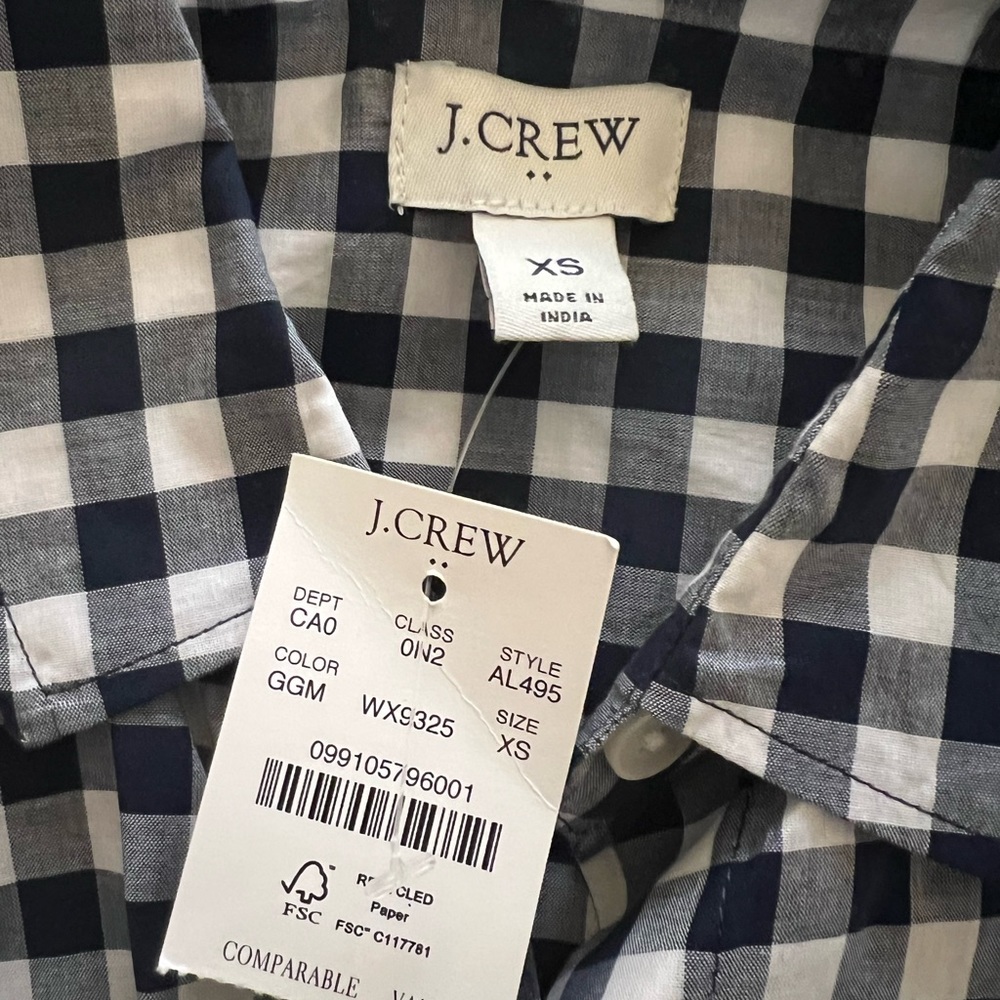 NWT J Crew 100% Cotton Navy and White Gingham shirt